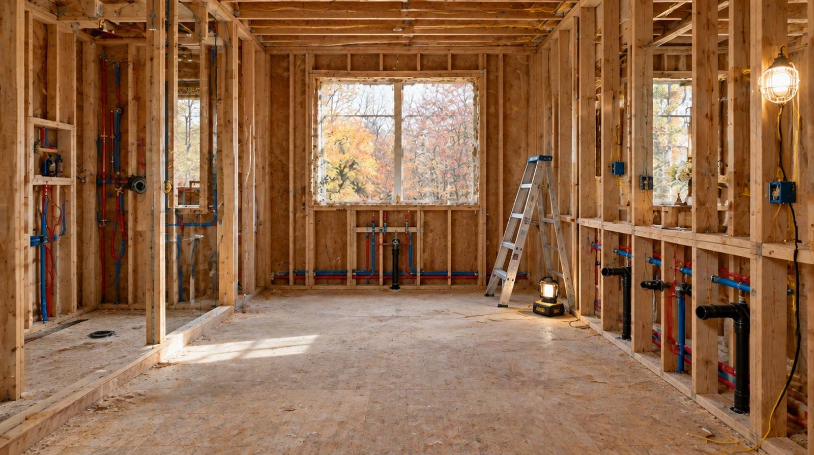 Bathroom framed with exposed studs and plumbing