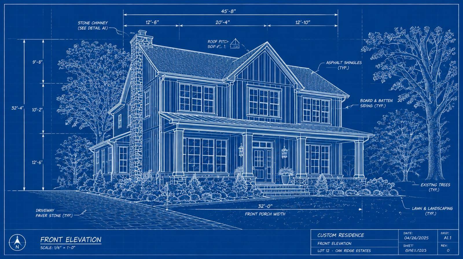 Blueprint elevation of a renovated New Jersey colonial, step one of the remodeling process (visualization)