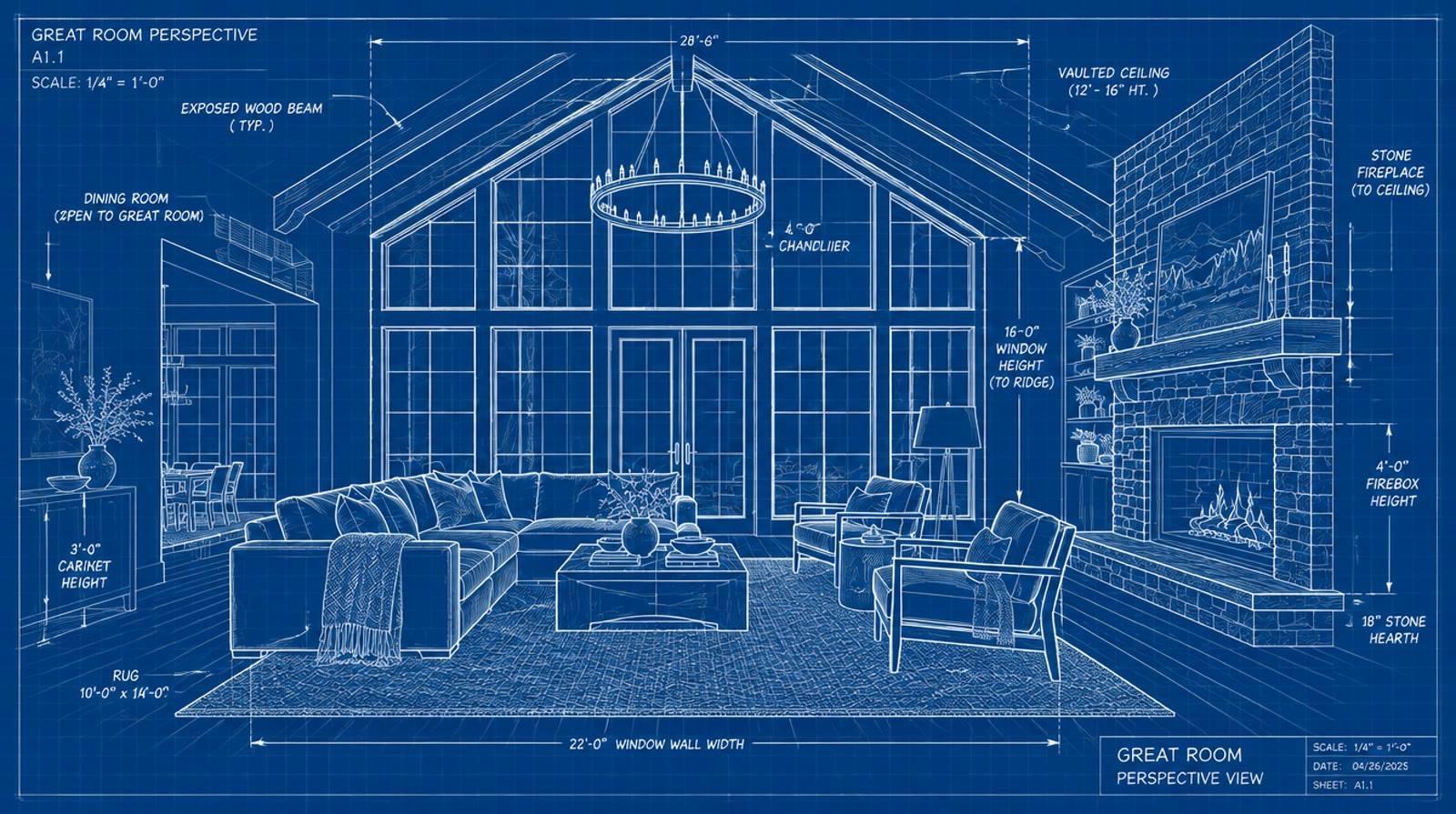 Blueprint drawing of a great room addition, visualization