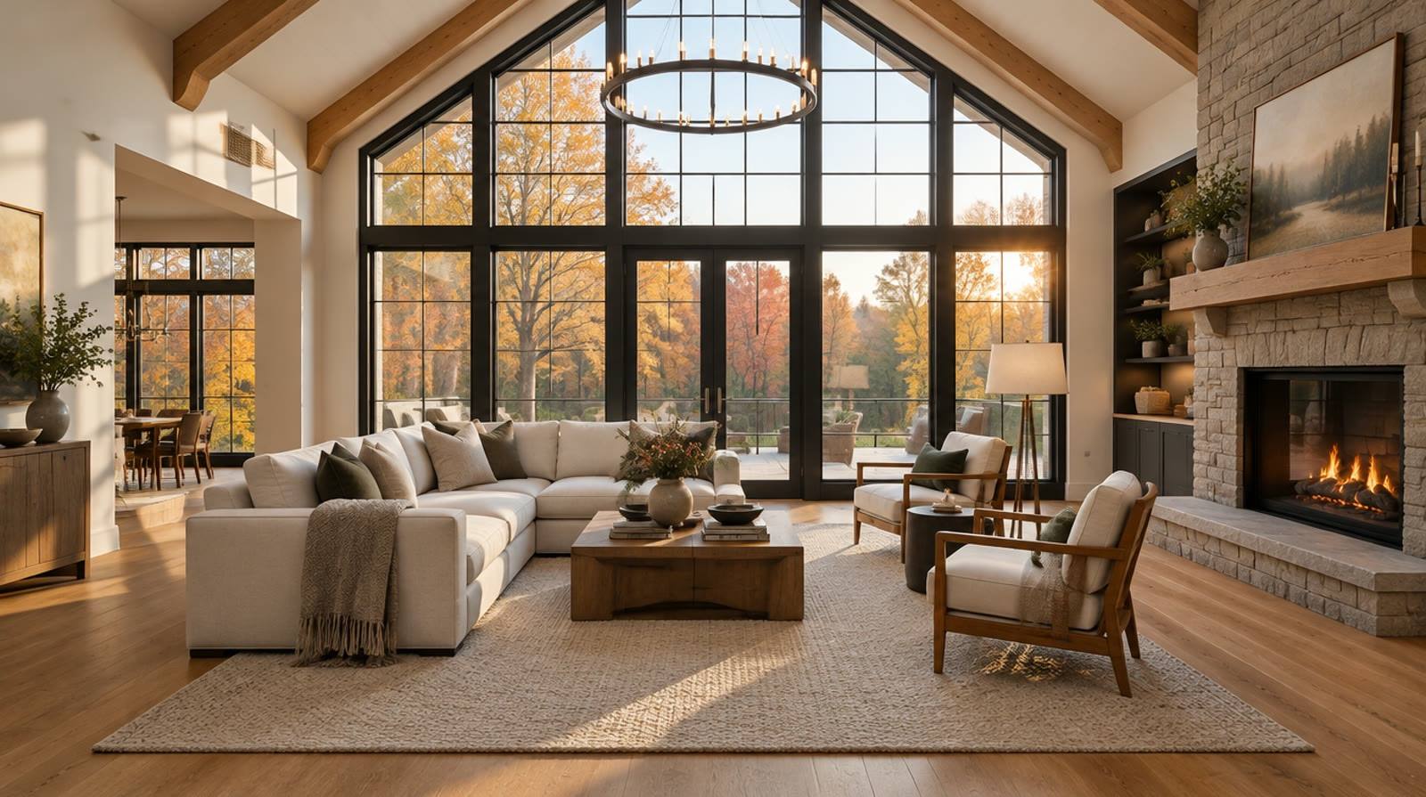 Finished vaulted great room with fireplace and sectional