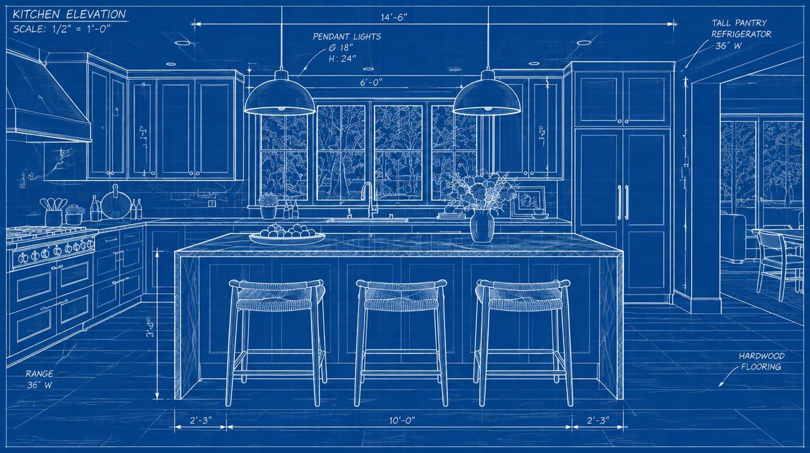 Blueprint drawing of a kitchen remodel plan