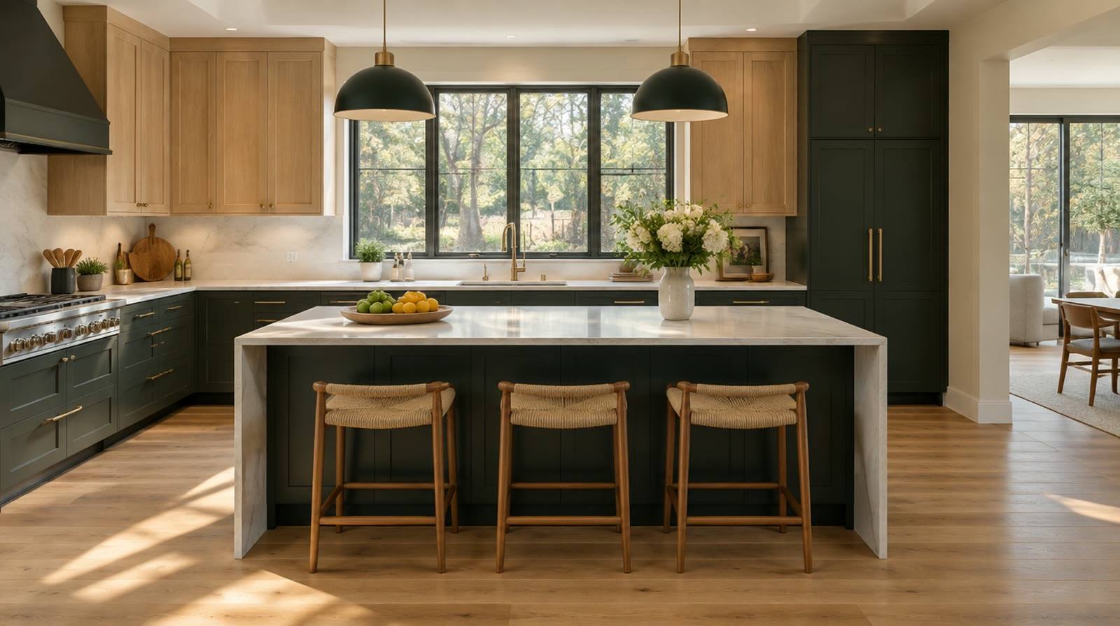 Finished kitchen with green cabinets and a quartz island