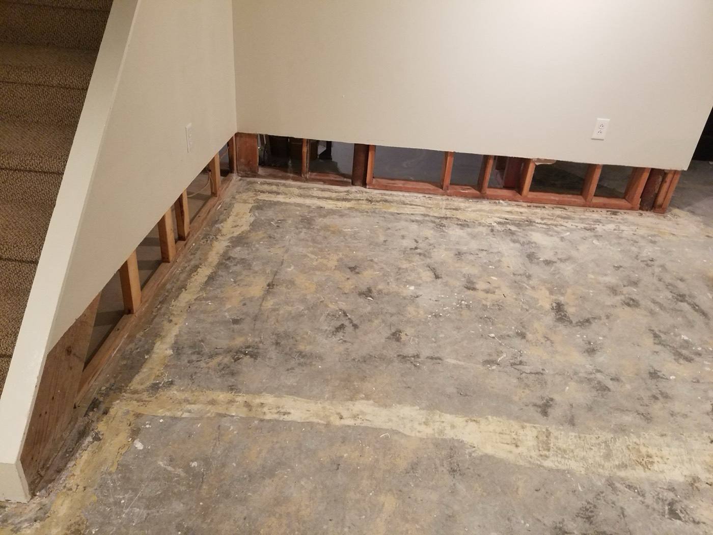 Flood cut exposing studs during water mitigation