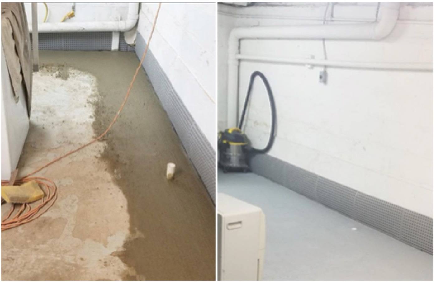 Before and after: wet basement floor and the same basement dry after drainage work