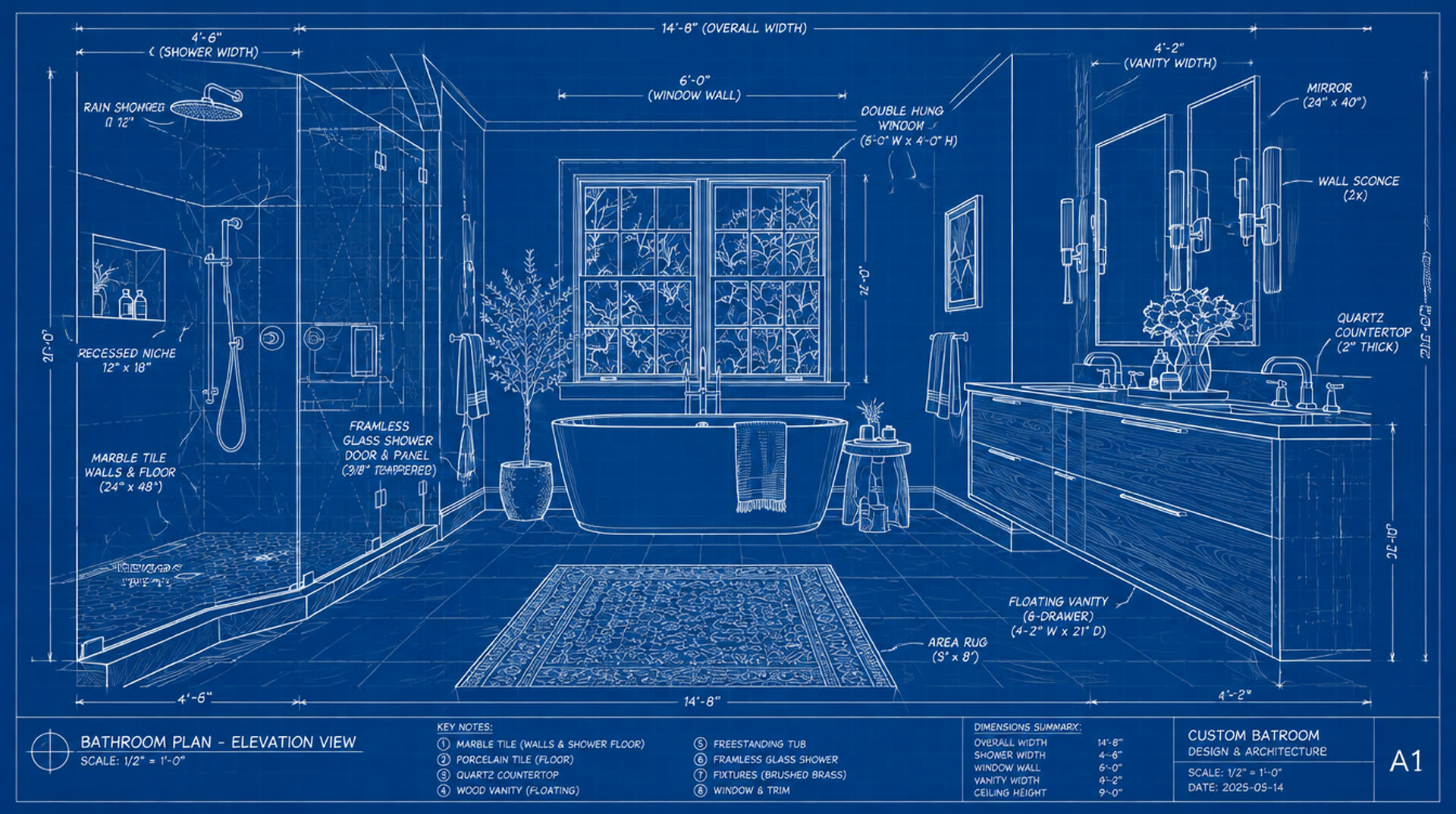 Architect's blueprint of a primary bathroom remodel